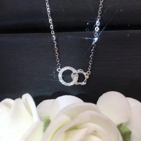 💎 Shiny Double Rings Hollow Round CZ Dainty Necklace for Women, INDN8643 - Picture 2 of 3